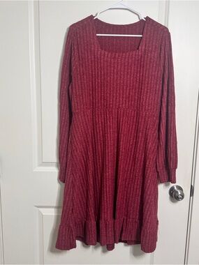 Ribbed Maroon Long Sleeve Swing Dress